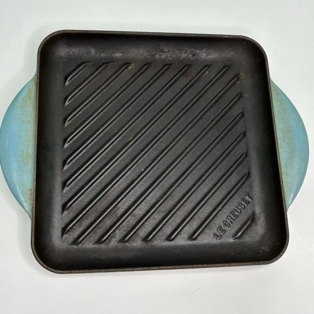 Le Creuset Blue Enameled Square Handle Cast Iron Grill Griddle Pan #24 Pre-owned